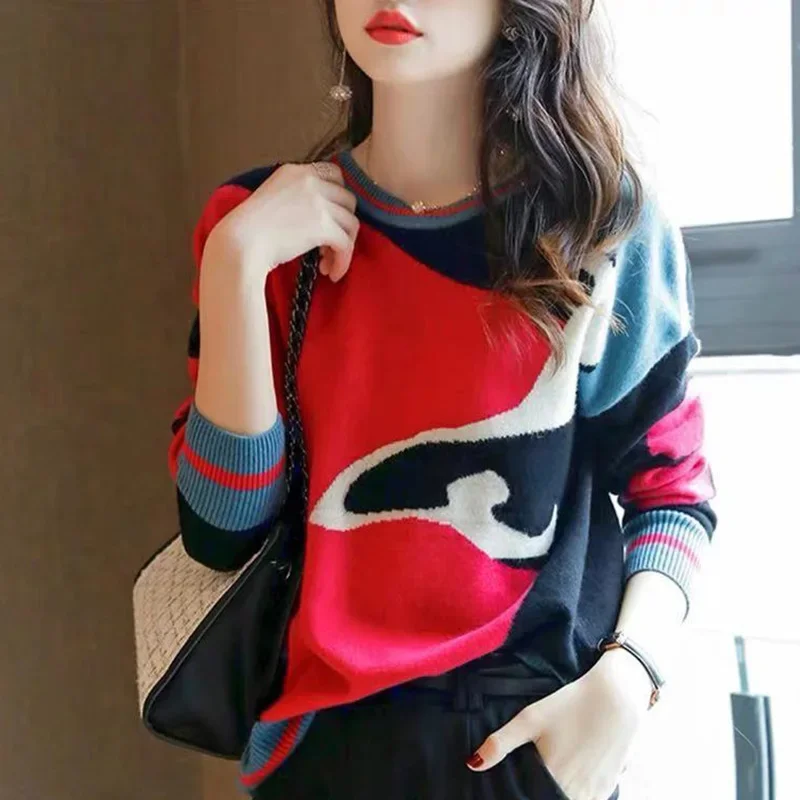 Women Clothing High Quality Patchwork Wool Sweater Autumn Winter Exquisite Fashion Loose O-neck Knitwear Comfortable Warm Tops