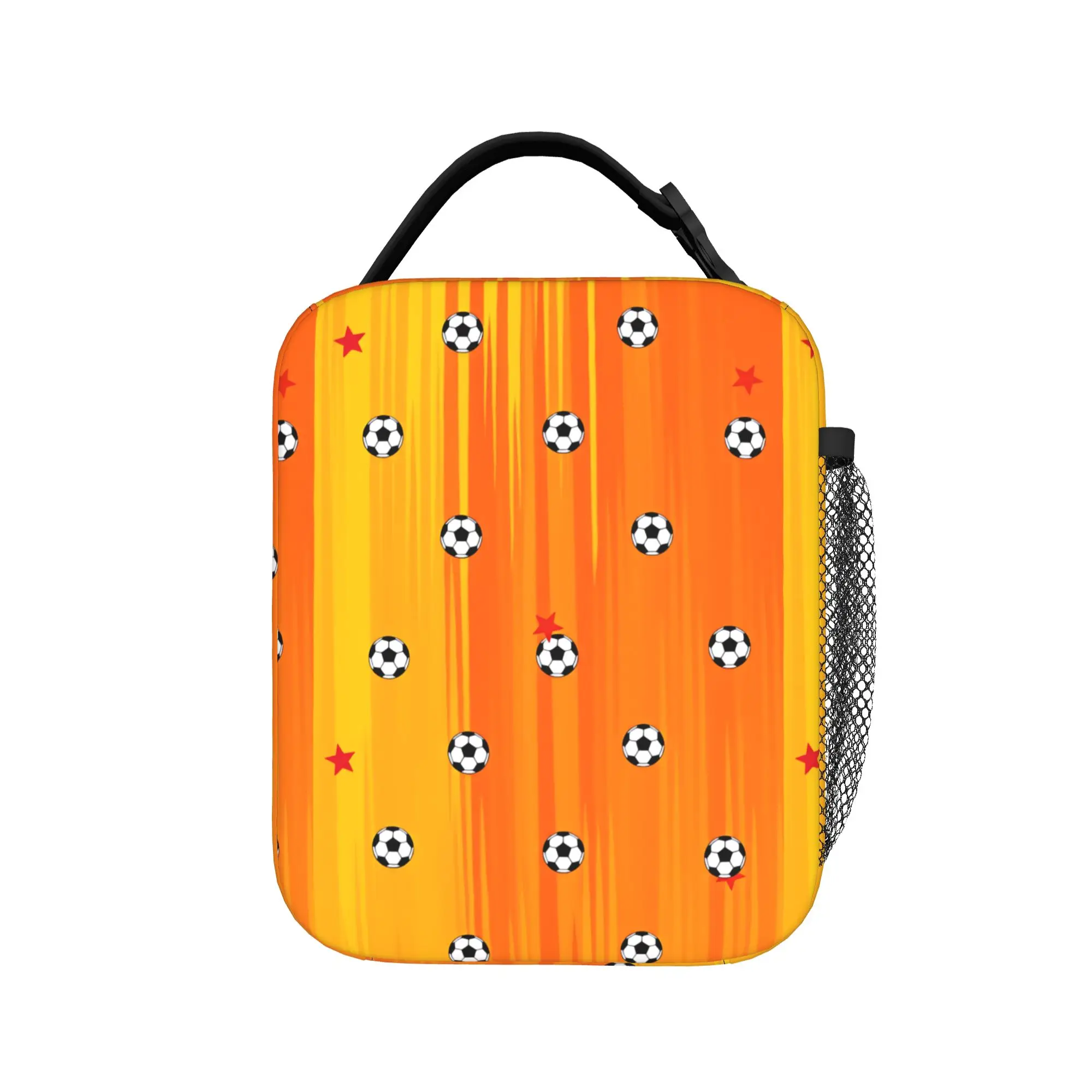 Orange Stripe Soccer And Star Background Lunch Bag Fun Lunch Box Picnic Portable Tote Food Bags For Child Oxford Cooler Bag