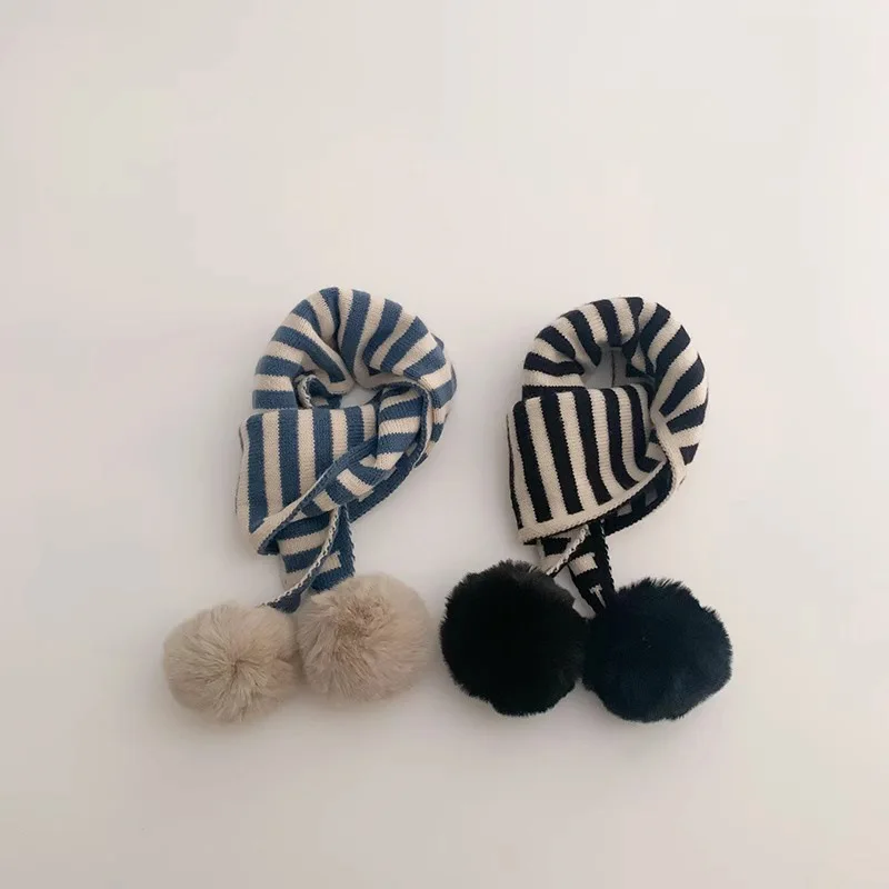 New Arrivals 2023 Striped Fur Balls Children Scarf for Boys Girls Autumn Winter Warm Knitted Collar Baby Kids Scarves 2-8Y