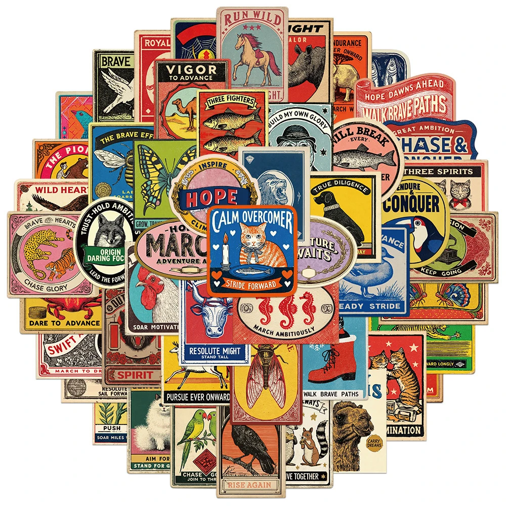 10/30/50pcs American Style Retro Animal Label Stickers Colorful Painting Sticker Luggage Scrapbook Phone Cartoon Decals Packing