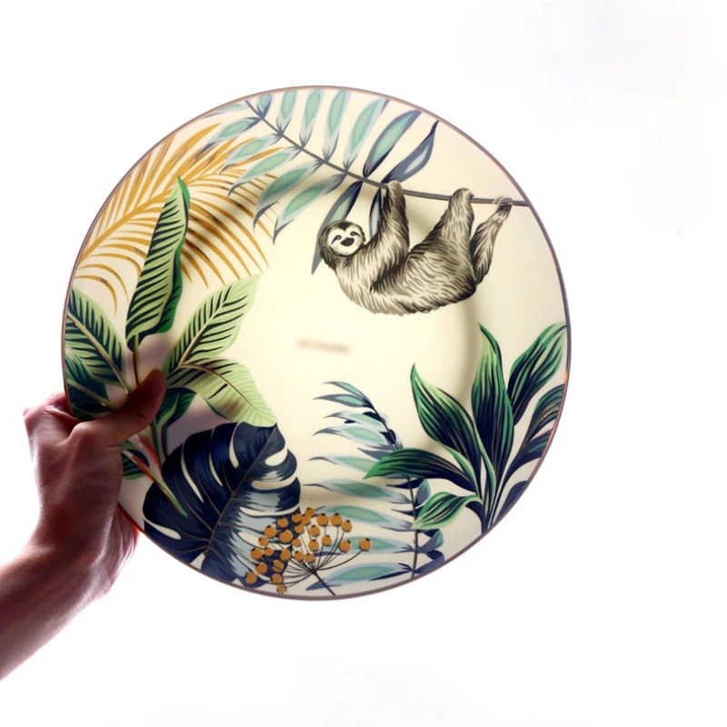 

New Style Forest Animal Tiger Pattern Tableware Ceramics Dinner Plates Bone China Porcelain Plate with Golden Edge Western Dish