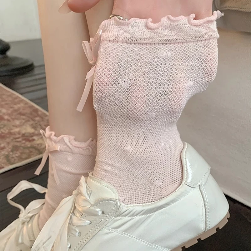 

Летние сетчатые тонкие дышащие женские носки JK Lolita Sweet Girls Kawaii носки с рюшами женские милые носки в горошек среднего размера с бантом