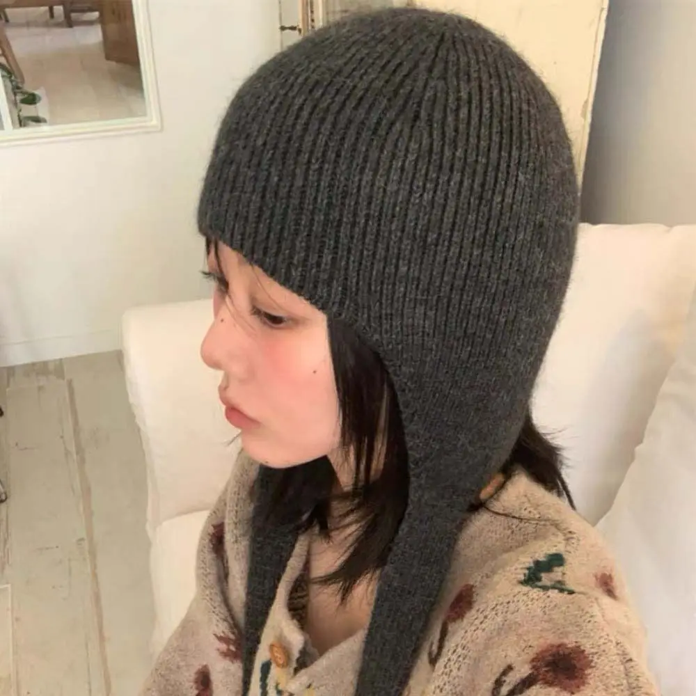 New Ear Flaps Knitted Hat Keep Warm Cold Protection Winter Beanie Cap Solid Color Breathable Ear Protection Hat for Women