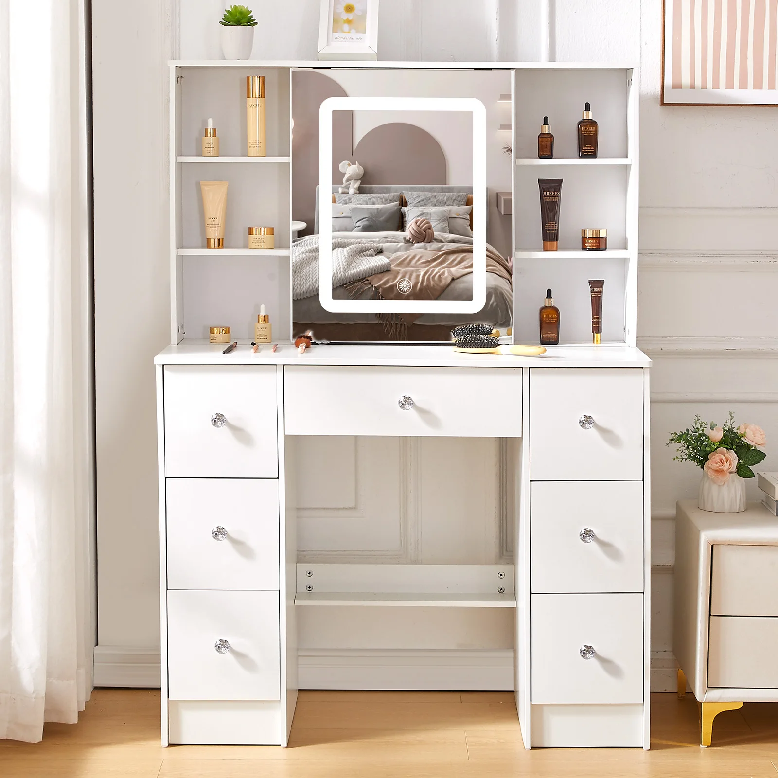 Teousev White Makeup Vanity Desk with LED Lighted Mirror, 39.4