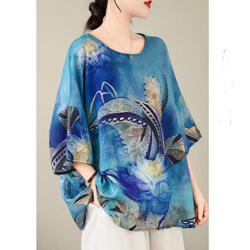 New Women's Summer Korean Version O-Neck Animal Print Loose Casual Batwing Sleeve Ethnic Style of Hemp and Cotton Chiffon Tops