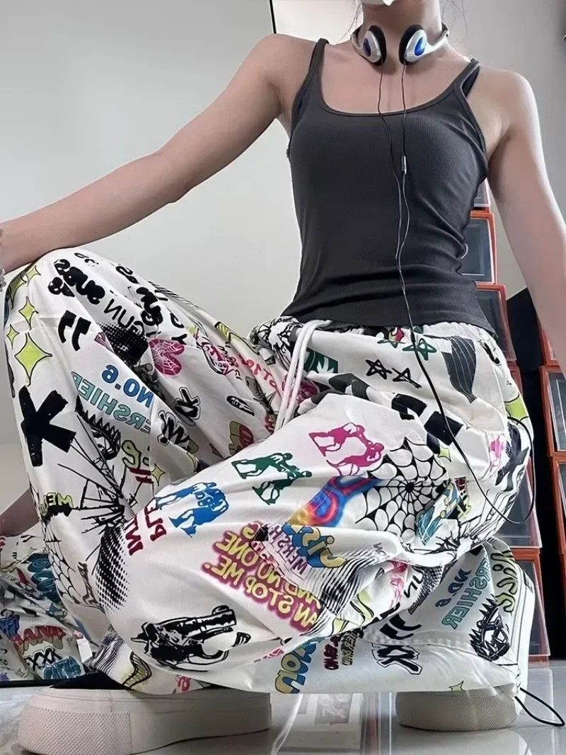 Pantalones de pierna ancha con estampado de Graffiti para mujer, Pantalones de chándal sueltos, ropa de calle japonesa Y2k, moda coreana Harajuku con cordón