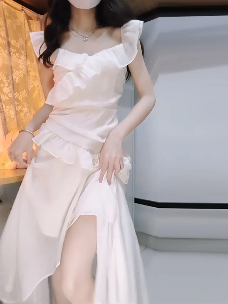 

Stunning Irregular Hem Strapless Dress Women Summer 2026 New Small Flying Sleeve White First Love Long Dress Princess Style