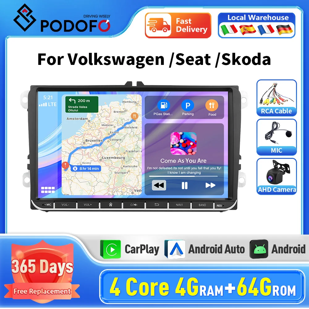 Podofo 7/9 Inch 4+64G Android Car Radio Stereo With Carplay/ Auto WIFI GPS FM/RDS Radio Mirror Link Smart Voice For VW For Golf