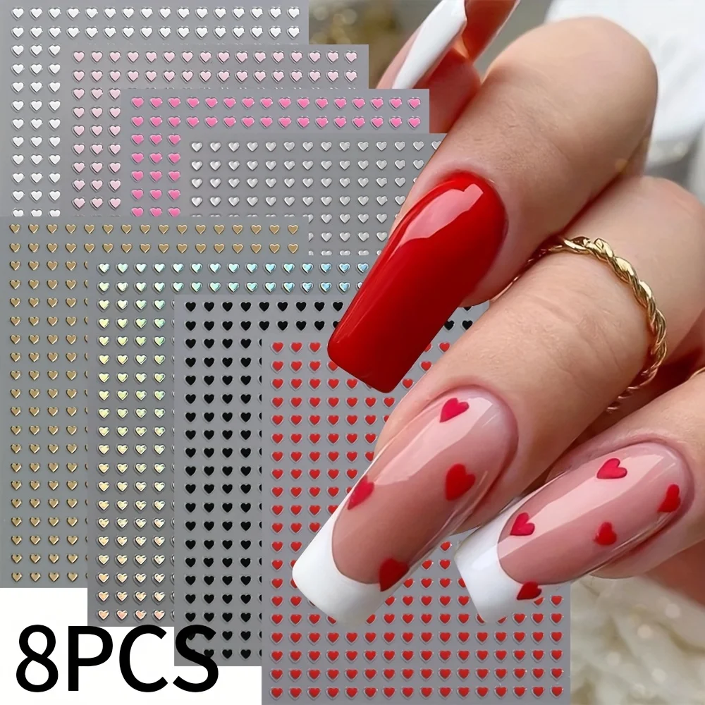 8pcs Mini Love Nail Art Stickers Set | Self-Adhesive Valentine'S Day Colorful 3D Romantic Heart Shape Nail Decals for Manicure A