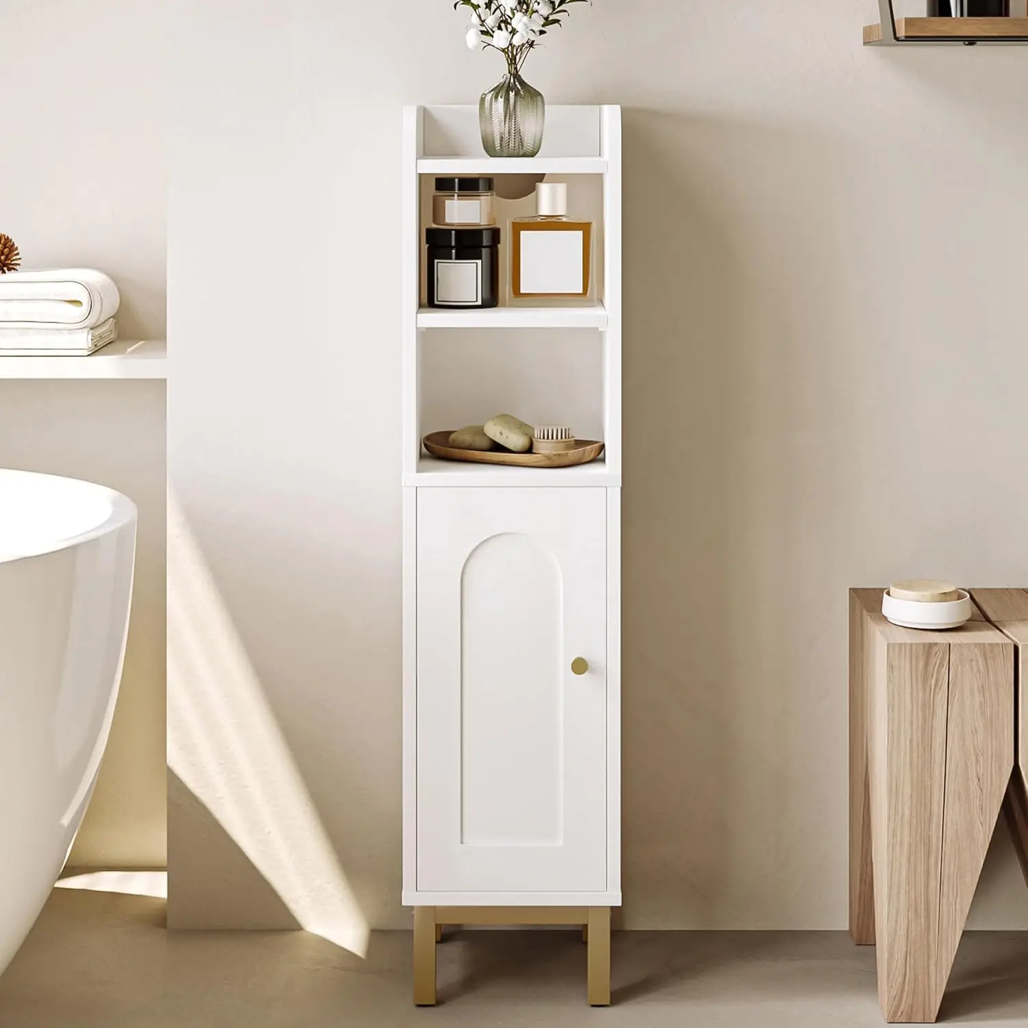 

Bathroom Storage Cabinet, Small Corner Floor Cabinet with Door and Shelves, Narrow Toilet Paper Holder,