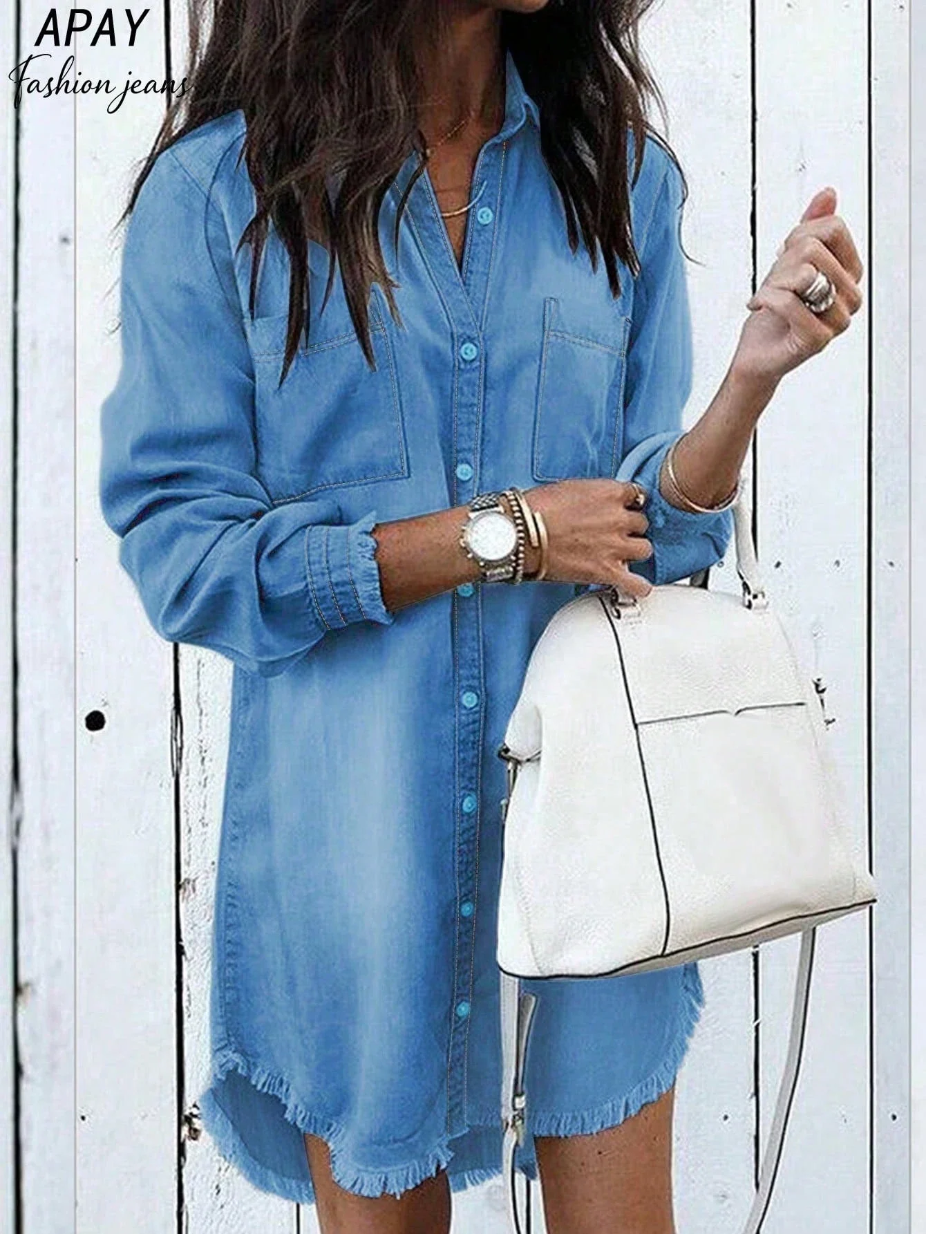 

Women Denim Shirt Dress Casual Spring Loose Fit Button Front