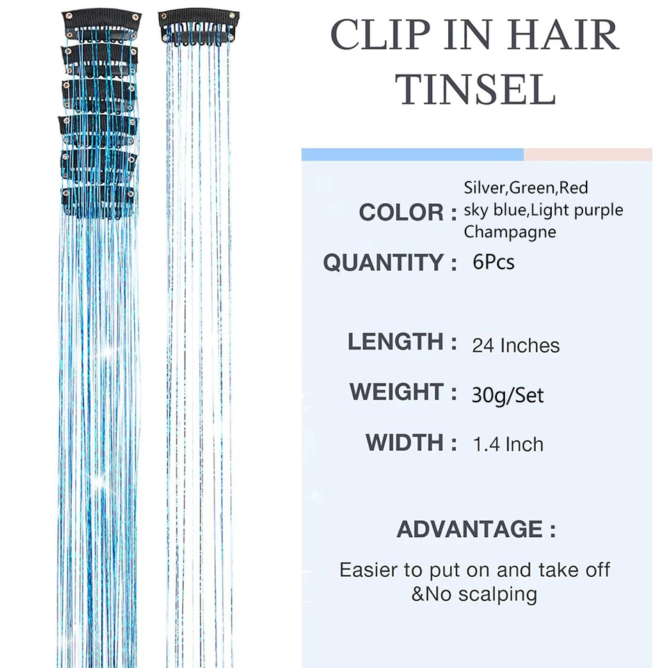 Kit de 6 piezas de tinsel para cabello con clip, brillantina, para fiestas y hadas 2