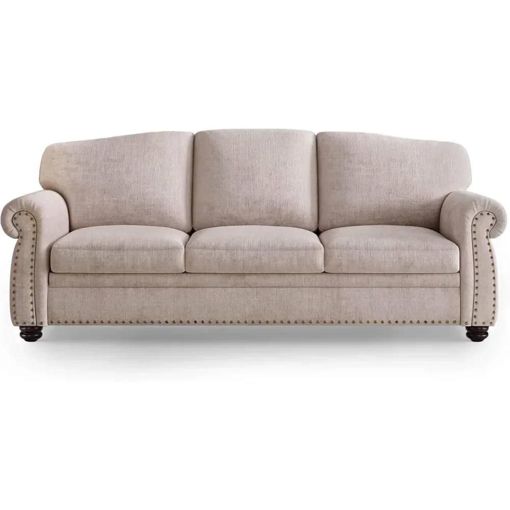 

90 Inch Nailhead Trim Couches for Living Room, 23" Deep Seat Rolled Arm Sofa, Upholstered 3 Seater Sofa,Beige，Living Room Sofas