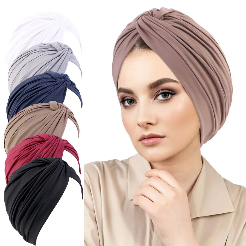 Solid Color Women Muslim Hijab Twist Knot Chemo Caps Head Wrap Indian Turban Bonnet Fashion Islamic Beanies Hair Loss Headscarf