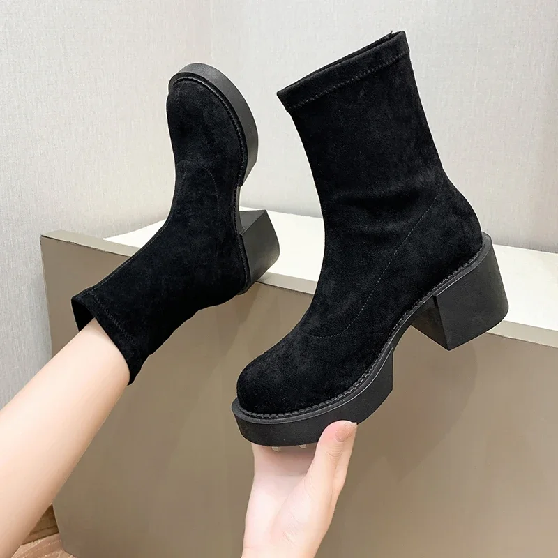 New Women\'s Boots 2023 Spring High Heel Black Boots Platform Women\'s Ankle Boots Simple and Comfortable Versatile Women\'s Boots