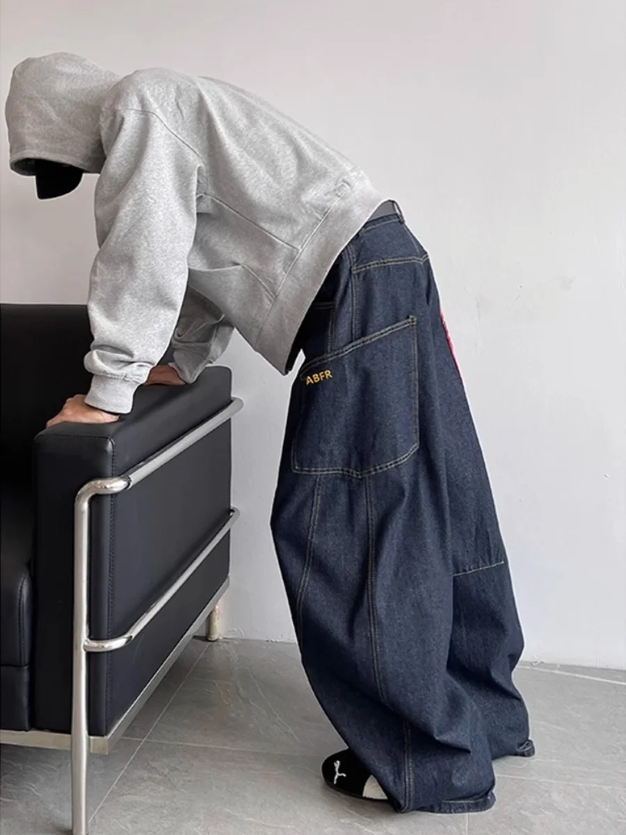 

American Retro ket Large Knife Jeans Men's Trendy Straight Red Plaid Casual Long Pants Middle Waist Loose Straight Tube