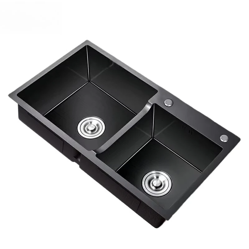 High Quality Handmade Stainless Steel Black Nano Sink No Fading Double Bowl Undermount Kitchen Sink