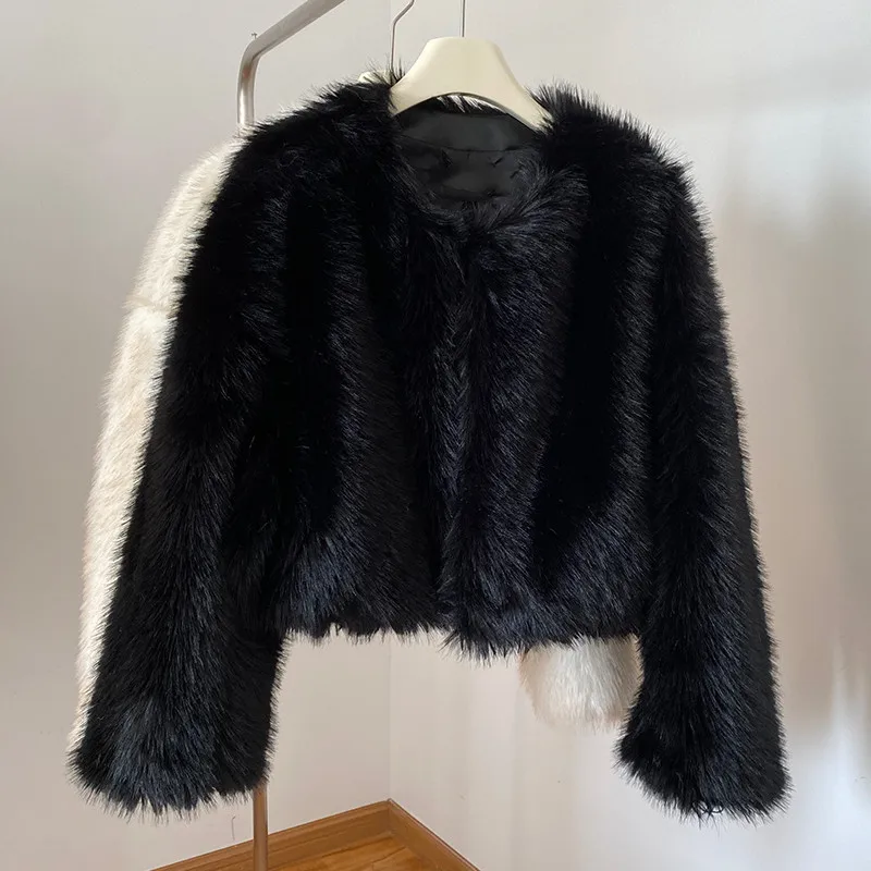 Faux Fur Women Coats Round Neck Jackets Short Coat Thick Warm Y2k Streetwear Elegant Work Open Stitch Jacket Autumn Winter