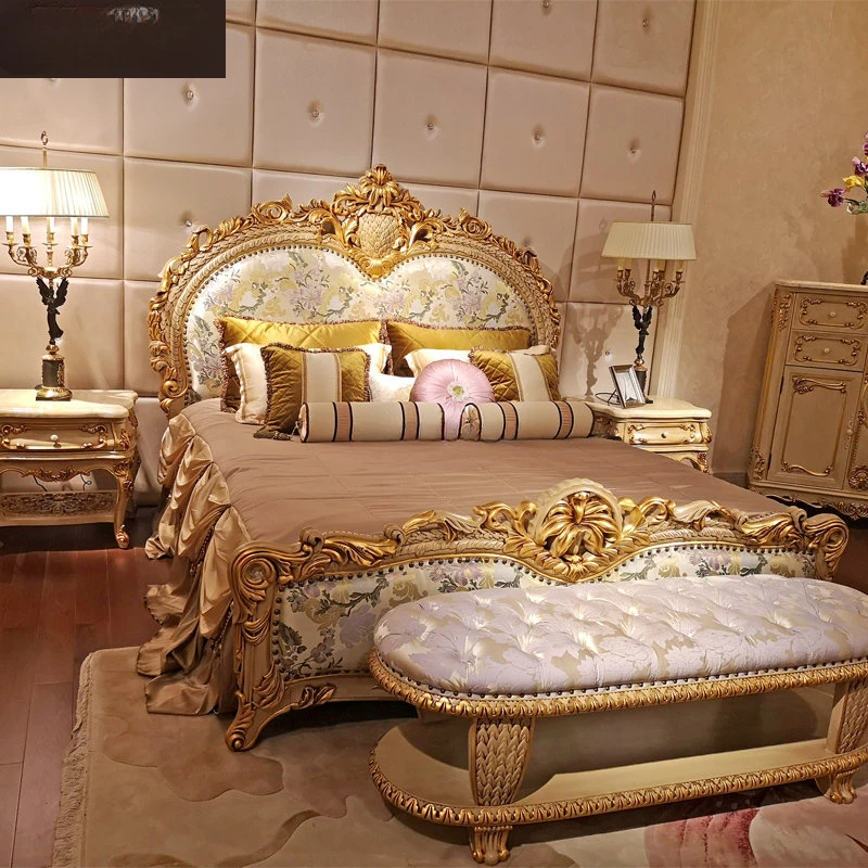 European style  princess  villa  furniture master bedroom solid wood carved bed model room 1.8m fabric double bed