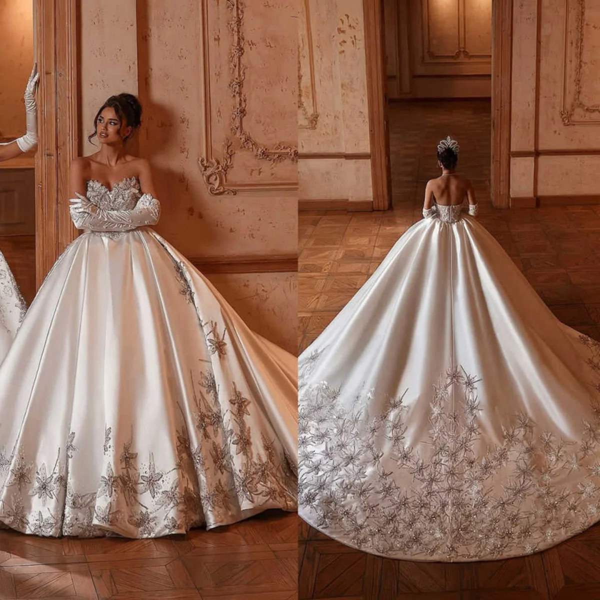 Suknie Ślubne na Zamówienie Suknia Balowa Kryształy Aplikacje Haft Bez Rękawów Tren Sweep Suknie Ślubne Vestido De Novia