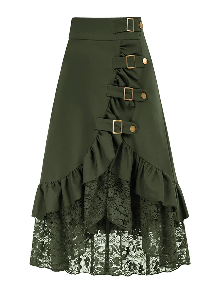 Fashionable Gothic Style Skirt with Lace Splicing and Ruffles in Solid Color Pirate Style