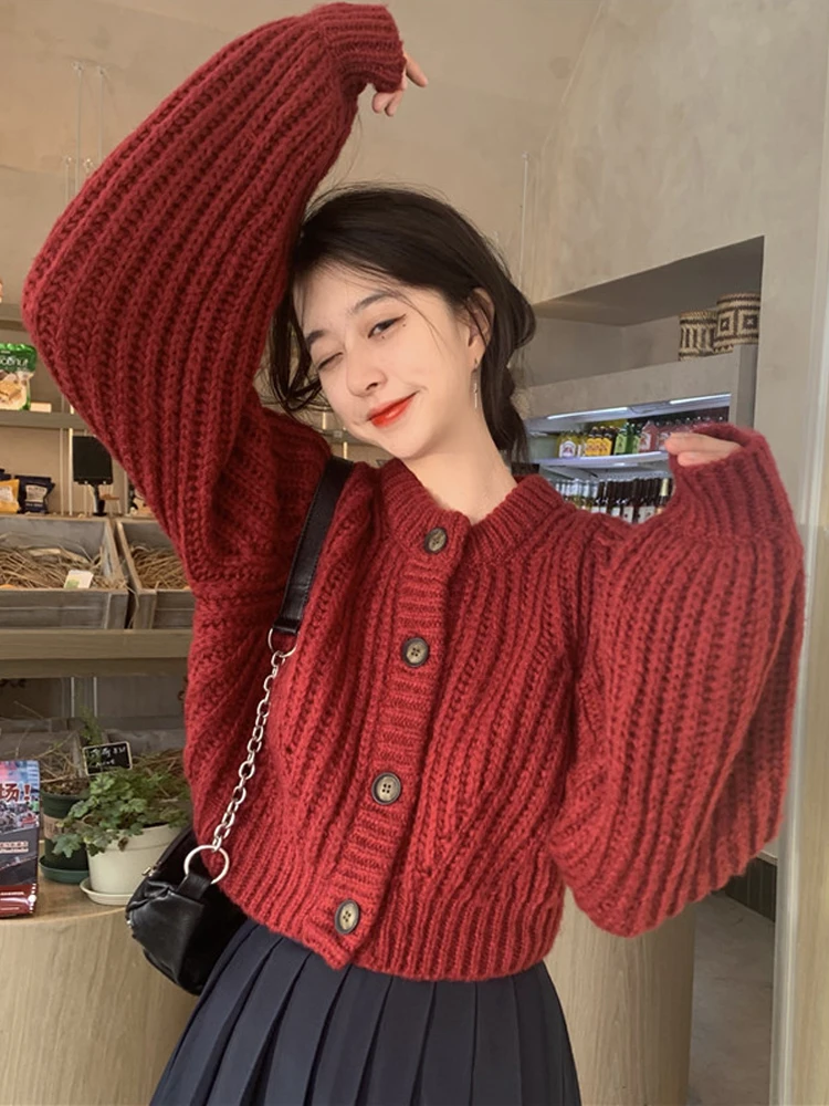 Pink Short Knitted Cardigan Jacket Women 2022 Winter Elegant Korean Lantern Sleeve Coat Female Fashion Single-breasted Chic Tops