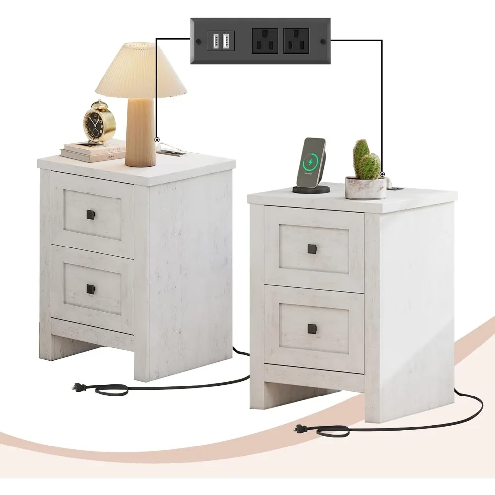 

Set of 2 with Charging Station, Farmhouse End Table with 2 Drawers Storage Cabinet, Rustic Wood Sofa Side Table for B