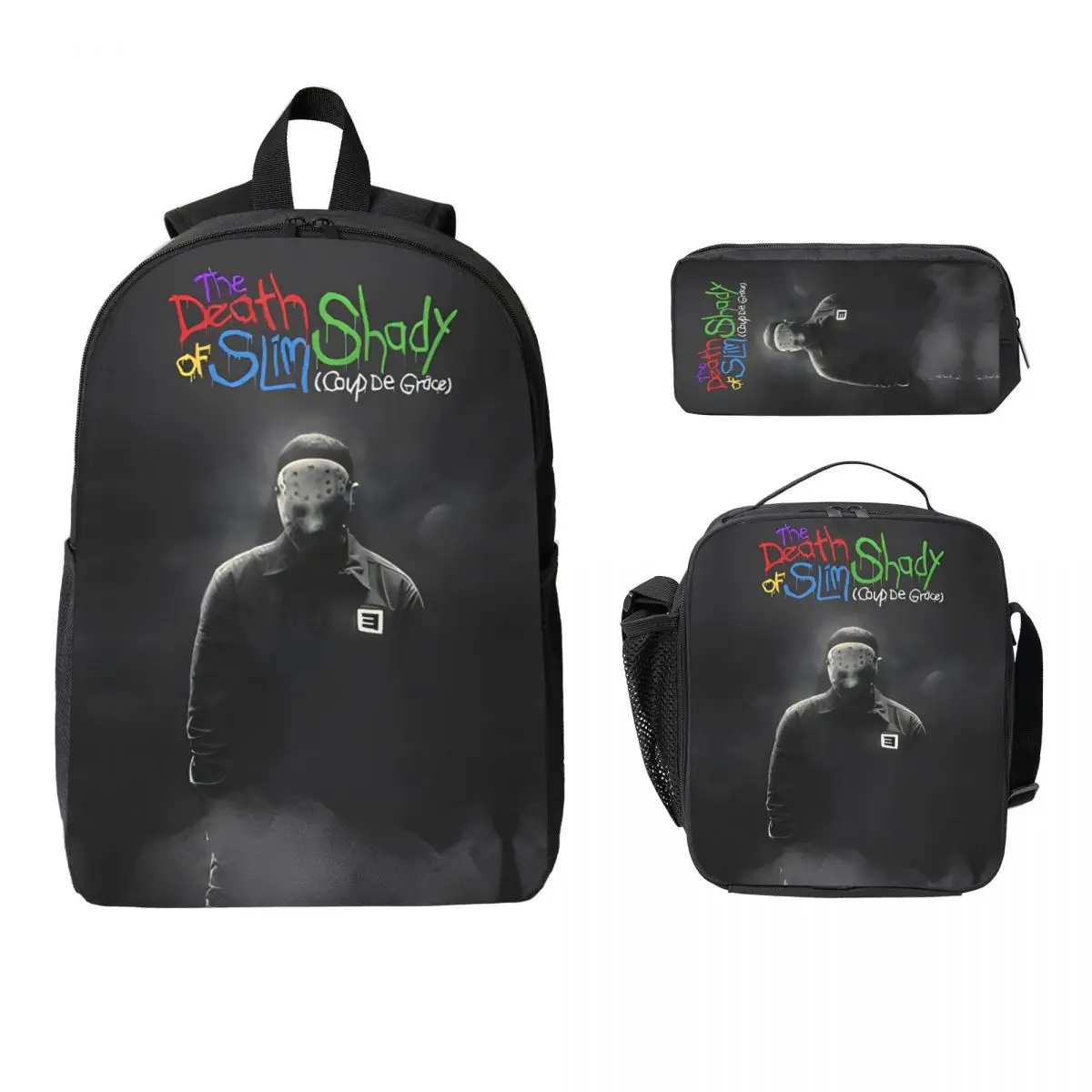 

3Pcs Eminem The Death Slim Shady School bags Set for Boy Girl Pen Bags Backpack Sets with Lunch Box For School Students Daypack