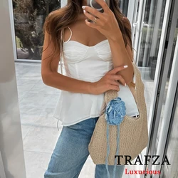 TRAFZA Sexy White Corset Cami Tops Women Y2K Girl Ruffles Summer Blouses Fashion 2024 Summer Streetwear Slim Tops