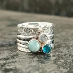 Jianjie Unisex's Classic Blue Stone Zircon Inlay Turkish Signet Rings for Men Women Ancient Silver Retro New Ring Jewelry Trend