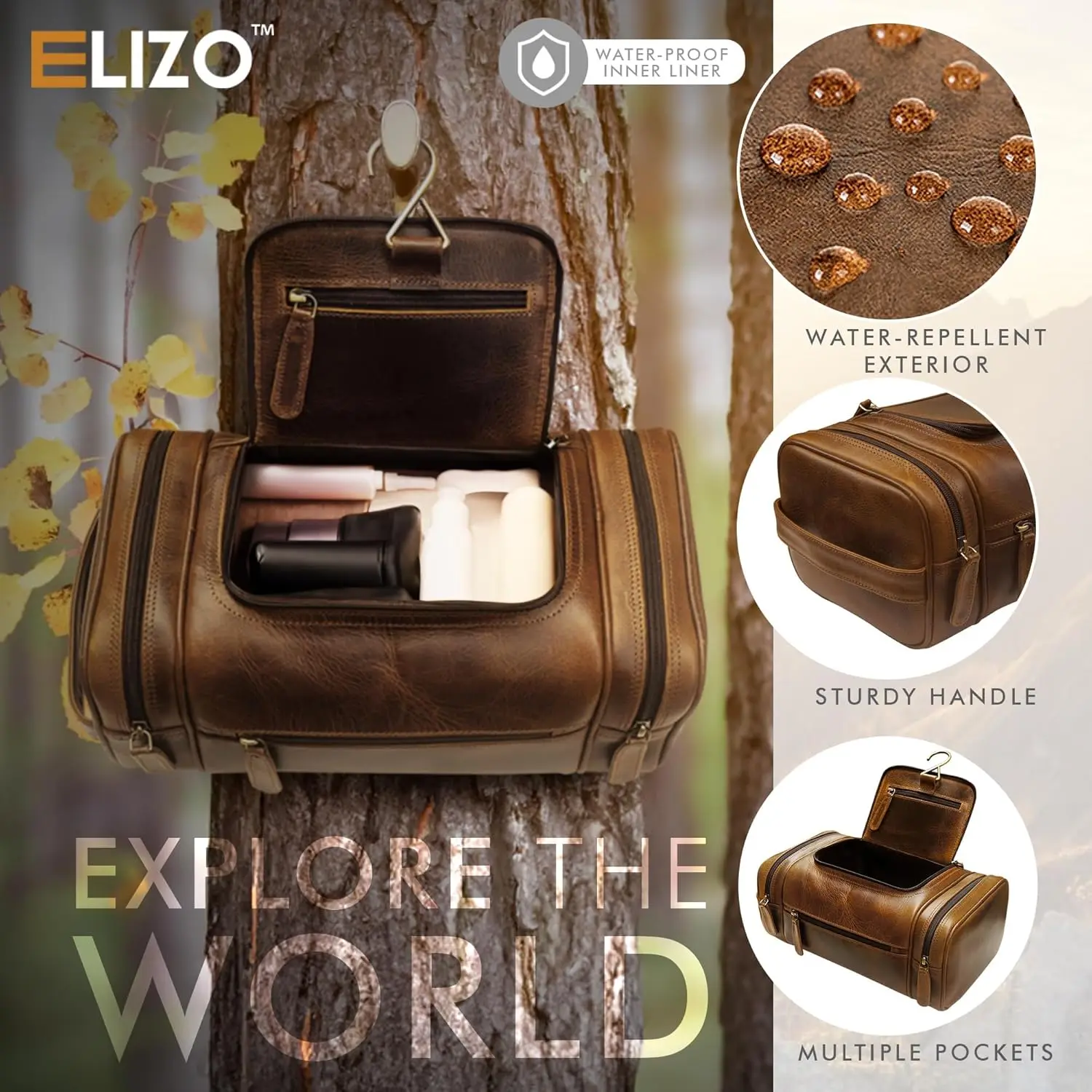 حقيبة أدوات الزينة للسفر من الجلد الطبيعي للرجال - منظم تعليق مقاوم للماء مع خطاف، سعة كبيرة جدًا