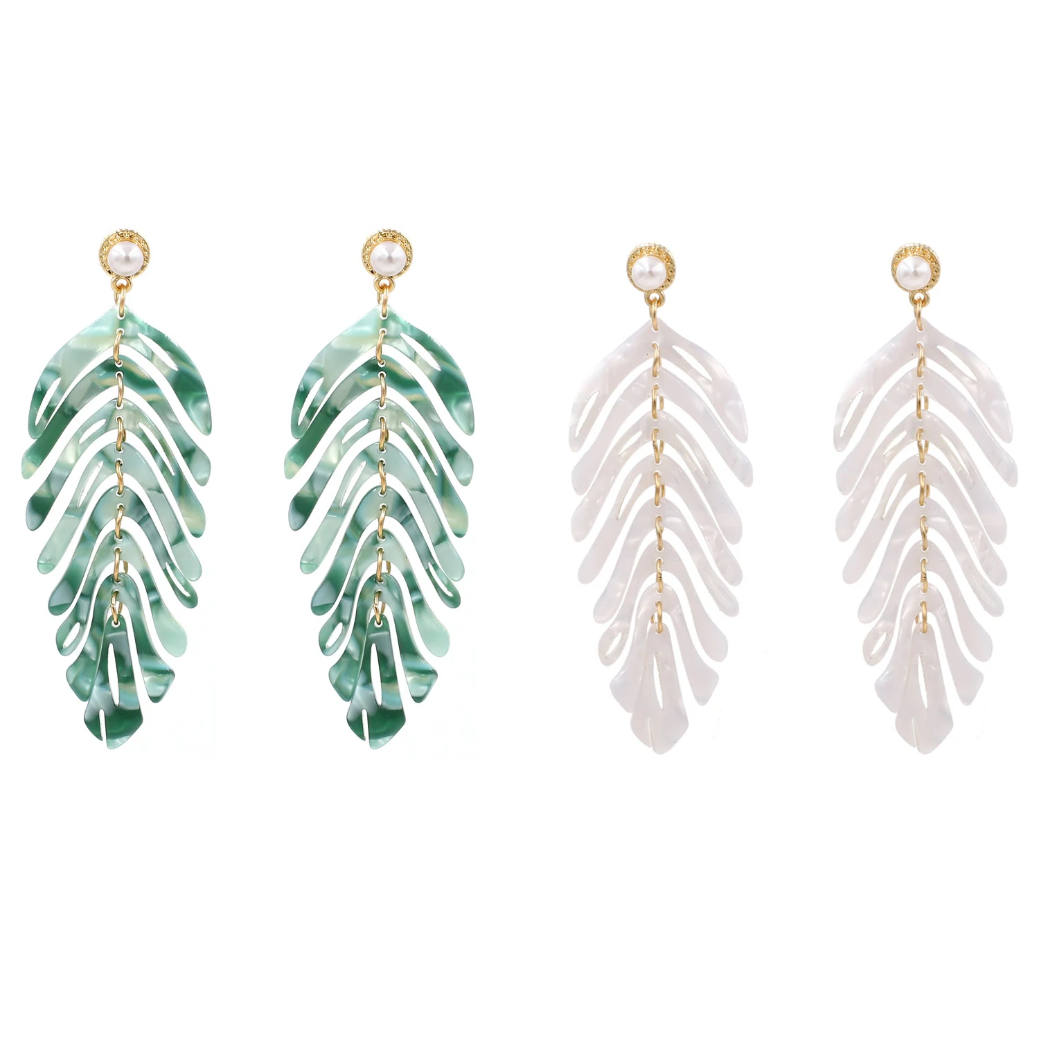 Fashion Jewelry Accessories Wholesale Long White Green Mint Palm Sheet Dangle Acrylic Resin Leaf Drop Earrings for Women