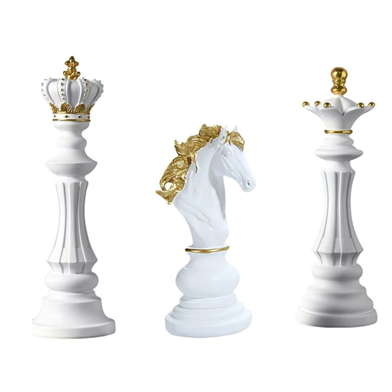 3PCS Office Figurines Queen Knight Statue Collection Object Sculptural Models Of Chess Pieces Resin B