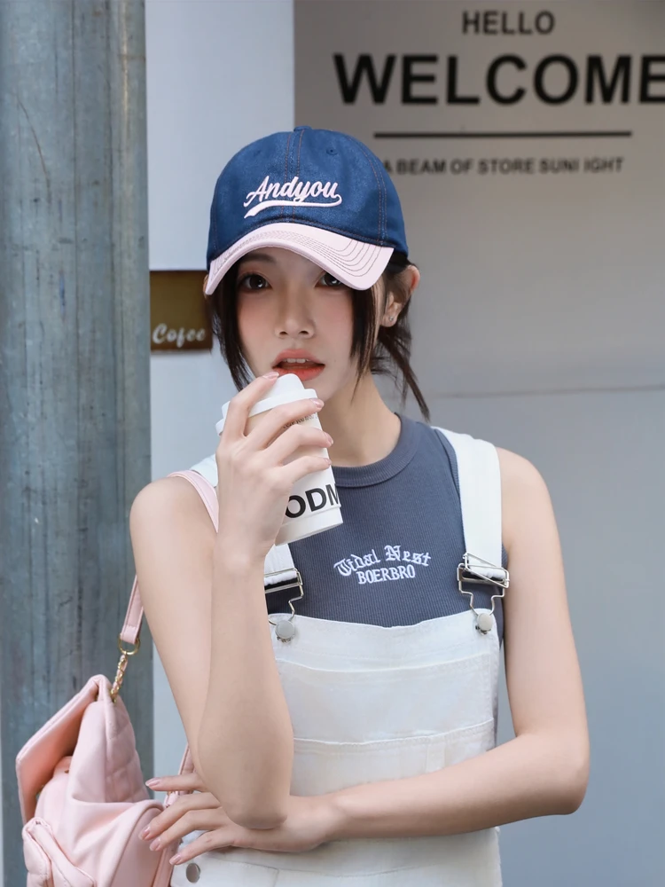 baseball cap for men and women Korean version of fashion contrasting color splicing casual denim cap showing small face