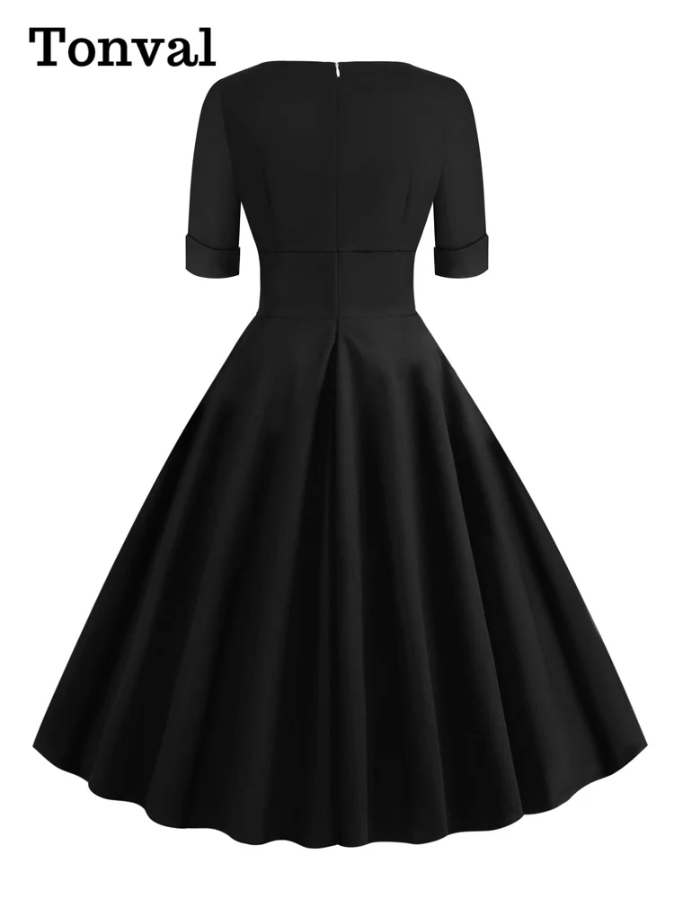 Tonval Sexy V-Neck High Waist Cotton Dresses for Women 2024 Autumn Half Sleeve Solid Plain Retro Vintage Party Midi Dress