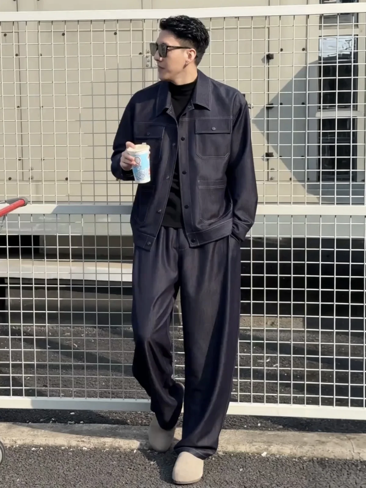 

Spring New Style Men's Casual Denim Outfit Jacket with Straight Leg Pants Collared Flip Collar Two Piece Set Versatile for All