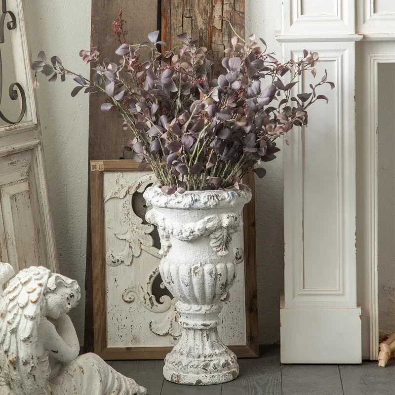 yesDecorative White Urn Planter Pot, Vase with Aged Patina Finish, Antique Style, Chic Style, Made in Magnesia