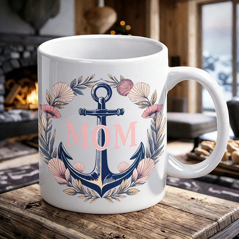 

Nautical Mommy Love Anchor Wall Decal - Modern Floral Stripes Mug Coffee Cup Ceramic Cup with Mother's Day print