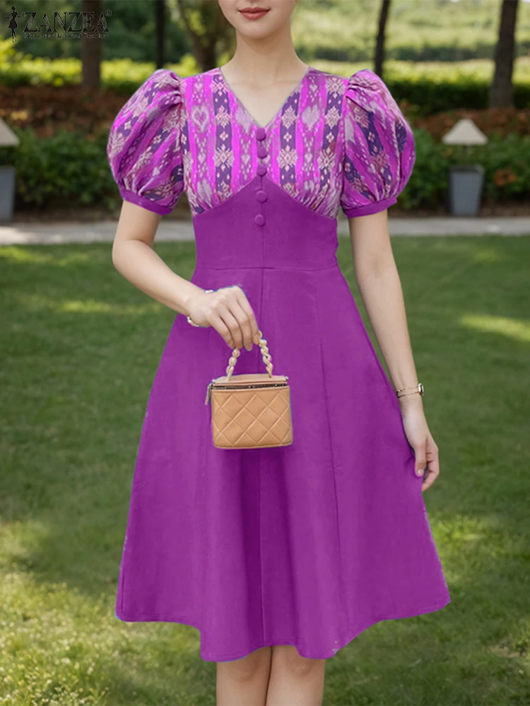 ZANZEA Bohemian Ikat Print Patchwork High Waisted A-Line Dresses Women Elegant V-Neck Short Puff Sleeve Knee-Length Robes Femme