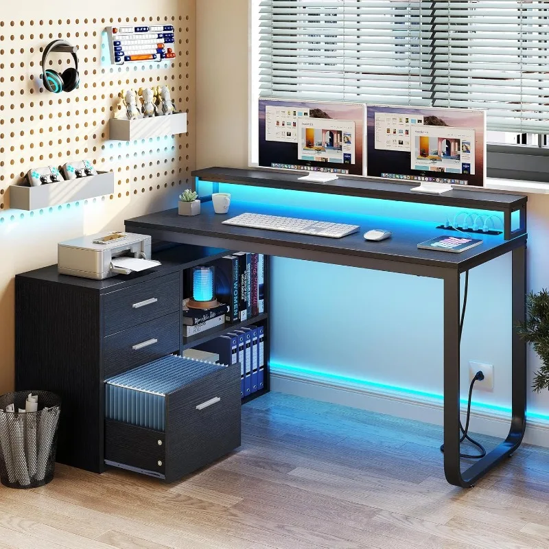 Bureau avec prises de courant, lumière LED et classeur avec tiroirs et étagères de rangement, bureau à domicile avec support pour moniteur