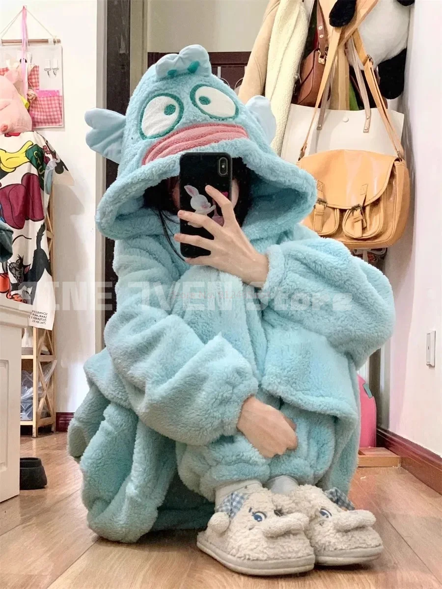 Sanrio Kawaii Hangyodon Pajama Women Thickened Coral Velvet Pajama Cartoon Girl Flannel Home Service Suit Autumn Winter Gift