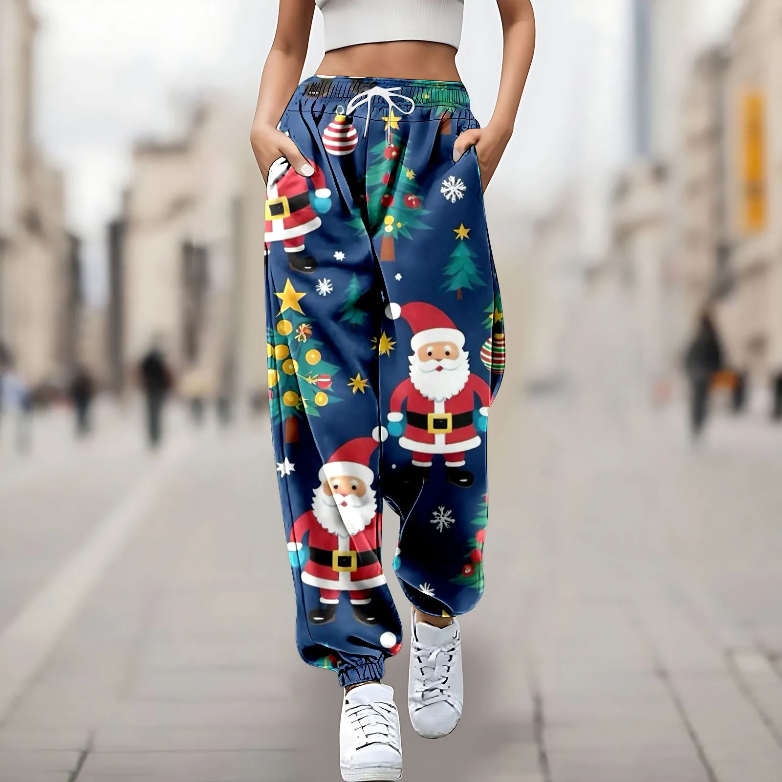 

Women's Santa Claus Printed Pants Drawstring Jogging Plus Size High Waist Straight Leg Pants for Women Lace Up Sports Pants