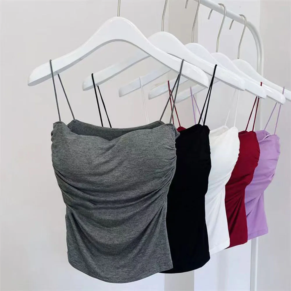 Hot Sale Sexy Women's Camisole Sleeveless Tees Tank Tops Vest Solid Elastic Cropped Top Slim Casual Spaghetti Strap Built In Bra