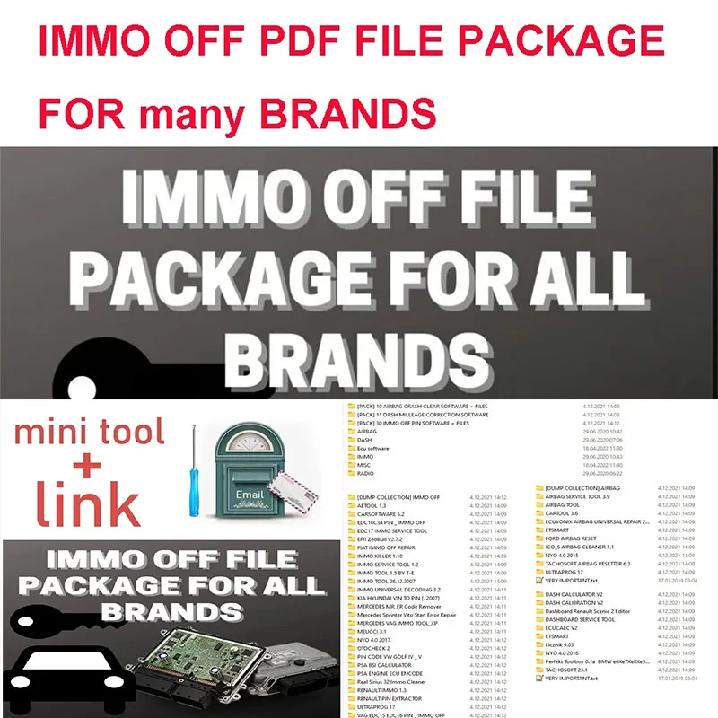 

IMMO OFF FILE PACKAGE Immo Airbag DASH MILLEAGE CORRECTION + AIRBAG CRASH CLEAR + IMMO OFF + DASH + IMMO SOFTWARES / TOTAL 32 GB