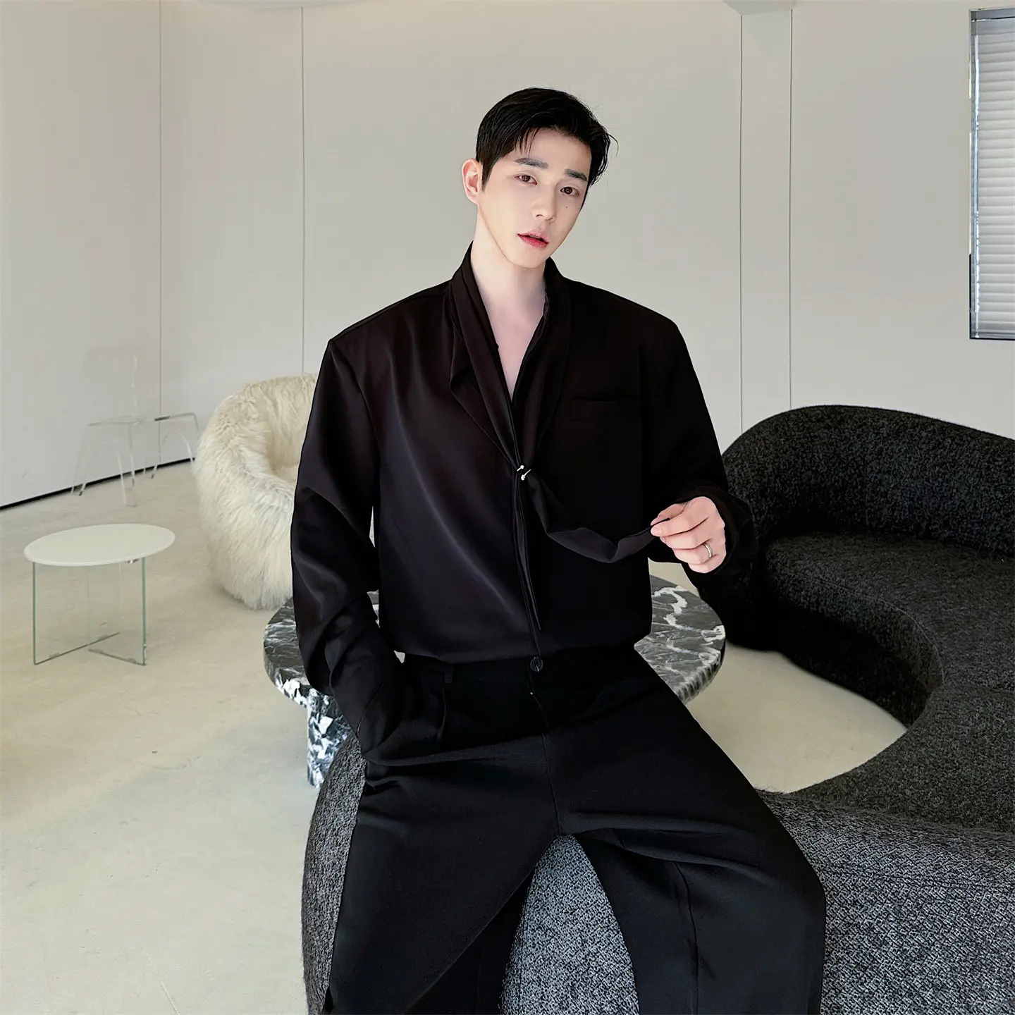 Trendy 2026 Loose Shirt with Detachable Collar Metal Decor Unique Style for Stage Performance Music Festival