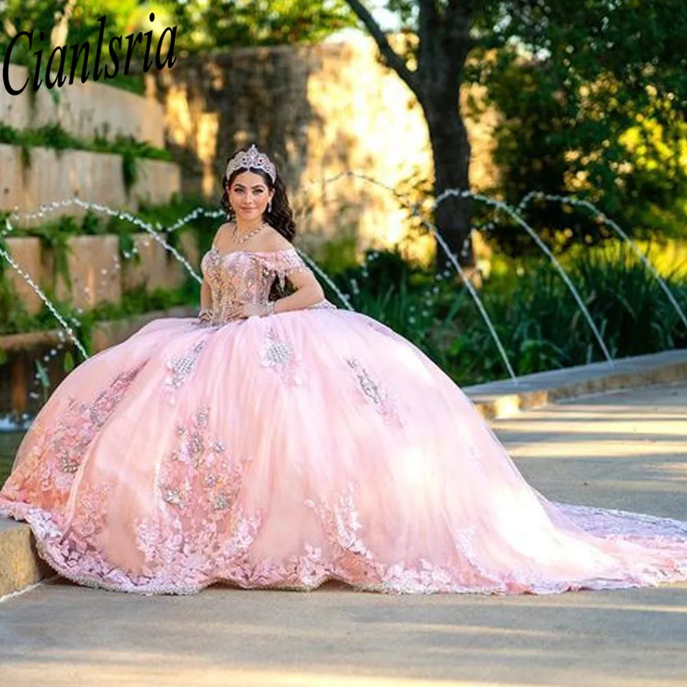 Princess Off The Shoulder Ball Gown Quinceanera Dresses For Girls Beaded Celebrity Party Gowns 3D Flowers Graduation Vestido De