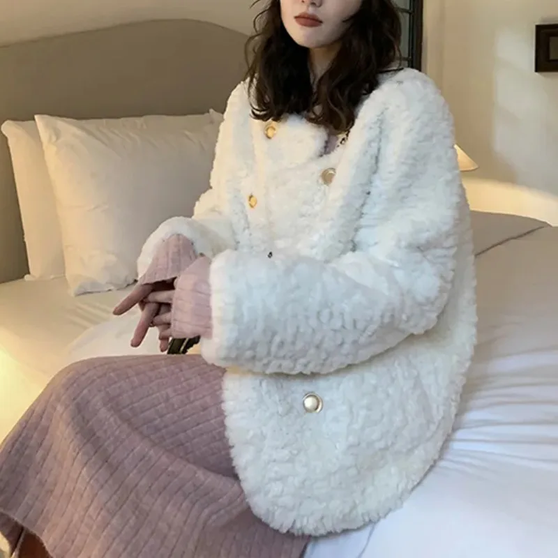 

Модная двубортная шуба с мехом, женская свободная куртка, маленькая модная верхняя одежда, осень-зима, Новое поступление