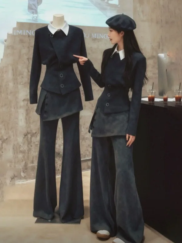 

Korean Sle Slim Fit ort Jaet Faionable Ele Design Winter Outerwear Women's Premium Feeling Two-Piece Look Top