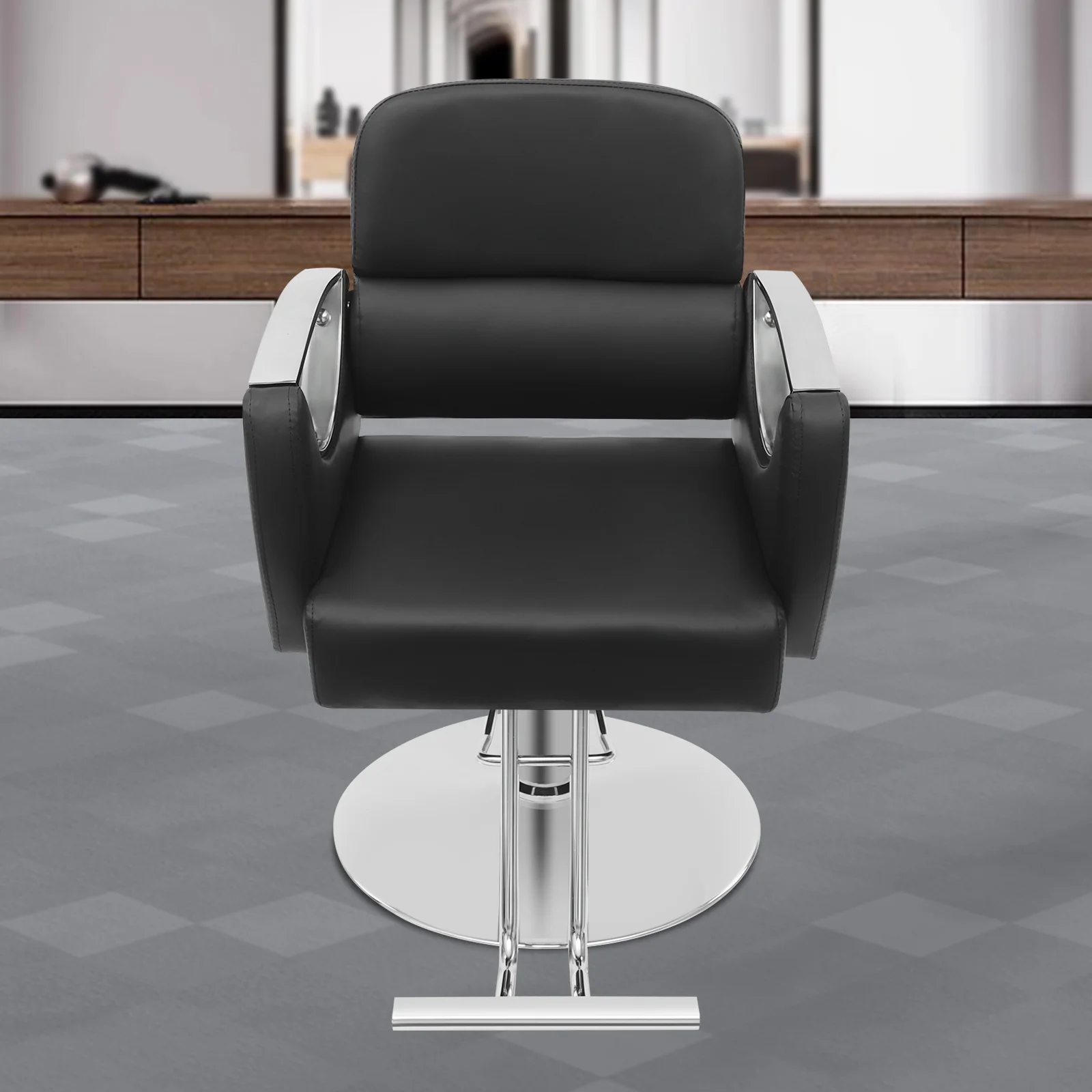 كرسي حلاقة من الخشب الصلب الدوار، رمادي/أزرق ضبابي/بيج/أسود قابل للتعديل كرسي صالون الشعر قائم على الأرض للمنازل، صالونات التجميل