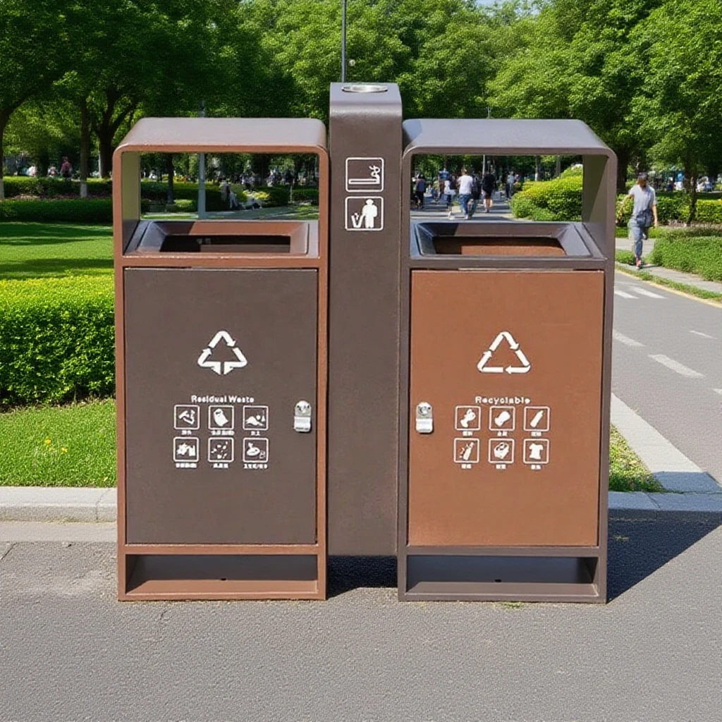 

Outdoor Double Compartment Recycling Trash Can Metal and Wood for Parks Amusement Parks and Street Public Outdoor Places